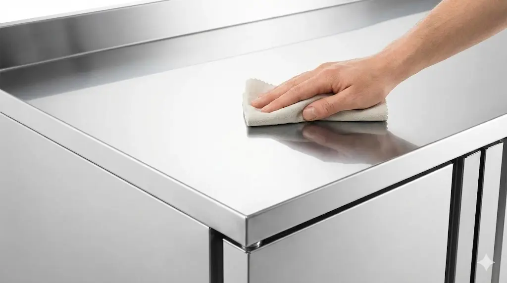 내구성과 위생이 뛰어난 고급 스테인리스 재질의 테이블냉장고 상판을 깨끗하게 닦고 있는 모습이랍니다.