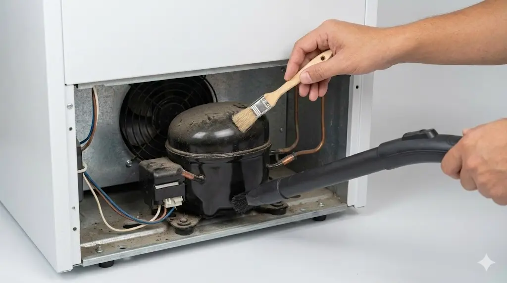 테이블냉장고의 소음을 줄이고 효율을 높이기 위해 기계실의 컴프레서와 팬 주변 먼지를 청소하는 방법이에요.