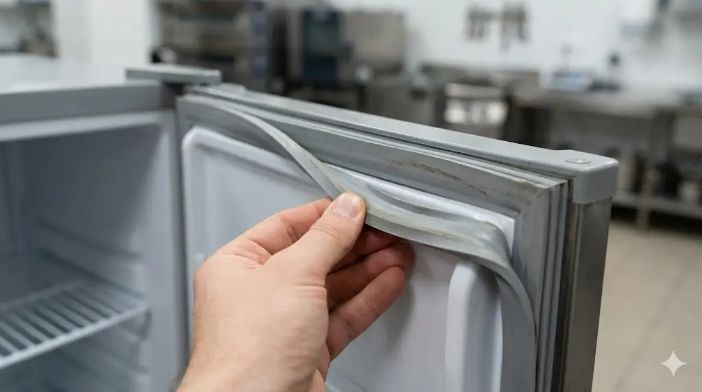 중고 테이블냉장고 구매 전, 냉기 손실을 막기 위해 도어 고무 패킹(가스켓)의 상태를 꼼꼼히 점검하는 모습이에요.