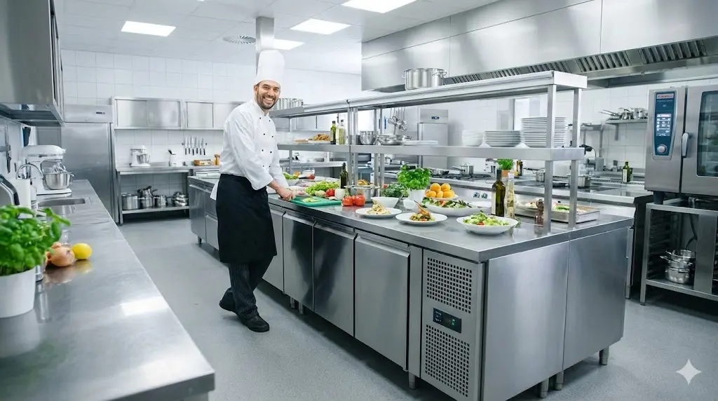 테이블냉장고를 활용하여 효율적인 조리 동선을 완성하고 성공적으로 운영되는 깨끗한 주방의 모습이랍니다.