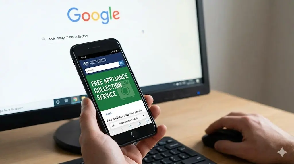 업소용냉장고폐기 전, 무상 수거 가능 여부를 알아보기 위해 폐가전 무상 방문 수거 서비스 정보를 검색하는 모습이에요.