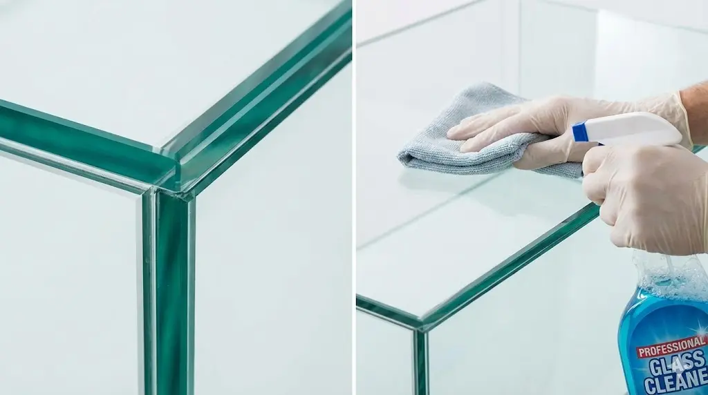 업소용쇼케이스유리의 시인성을 높이기 위해 강화유리의 단면을 확인하고 전용 세정제로 부드럽게 닦아내는 모습이랍니다.