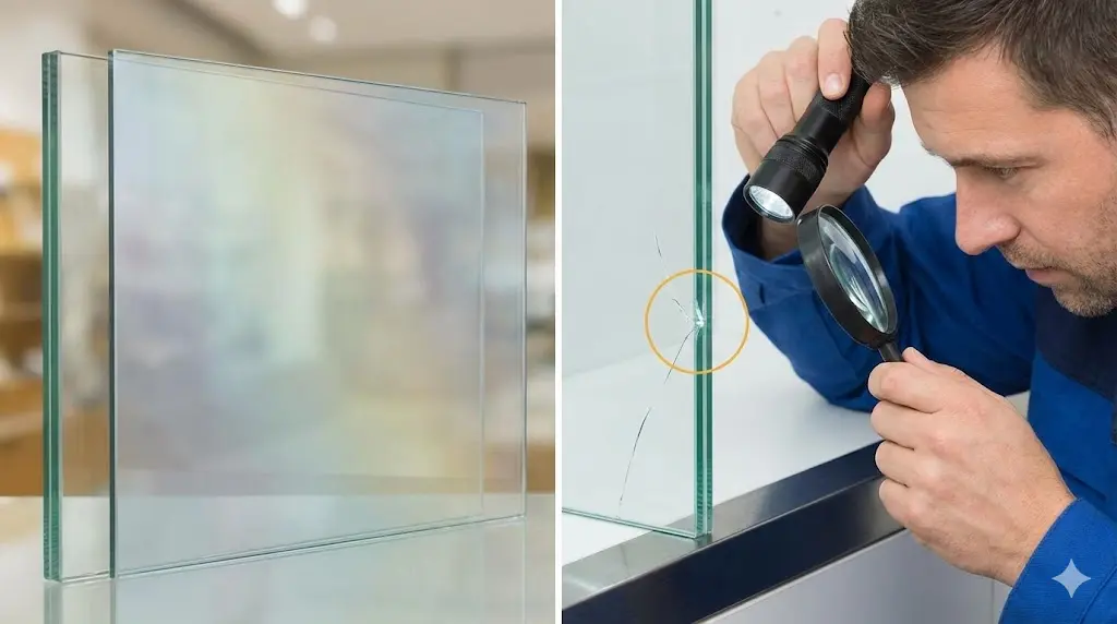 단열 성능이 높은 업소용쇼케이스유리와 안전 사고 예방을 위해 미세한 균열을 점검하는 모습이에요.