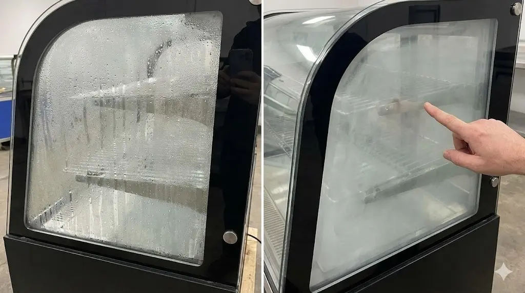 업소용쇼케이스유리 표면에 맺힌 결로 현상과 내부가 뿌옇게 변한 페어유리 불량을 비교하는 모습이에요.