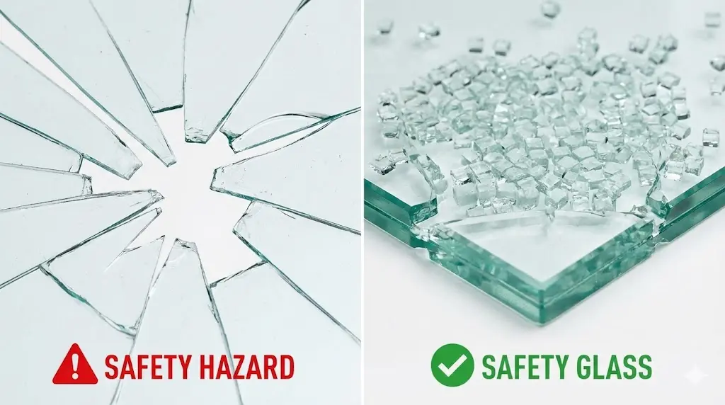 소용쇼케이스유리 교체 시 안전을 위해 일반 유리(좌측)와 강화유리(우측)의 파손 형태를 비교한 이미지랍니다.