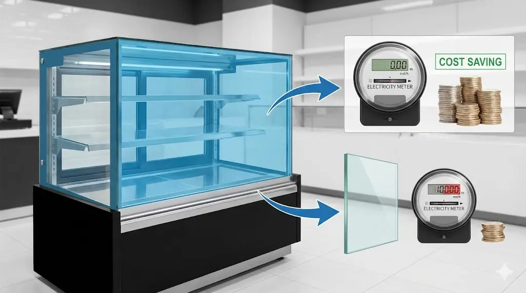 단열 성능이 뛰어난 업소용쇼케이스유리 사용 시 전기 요금이 절감되는 효과를 비교하여 보여주는 이미지랍니다.