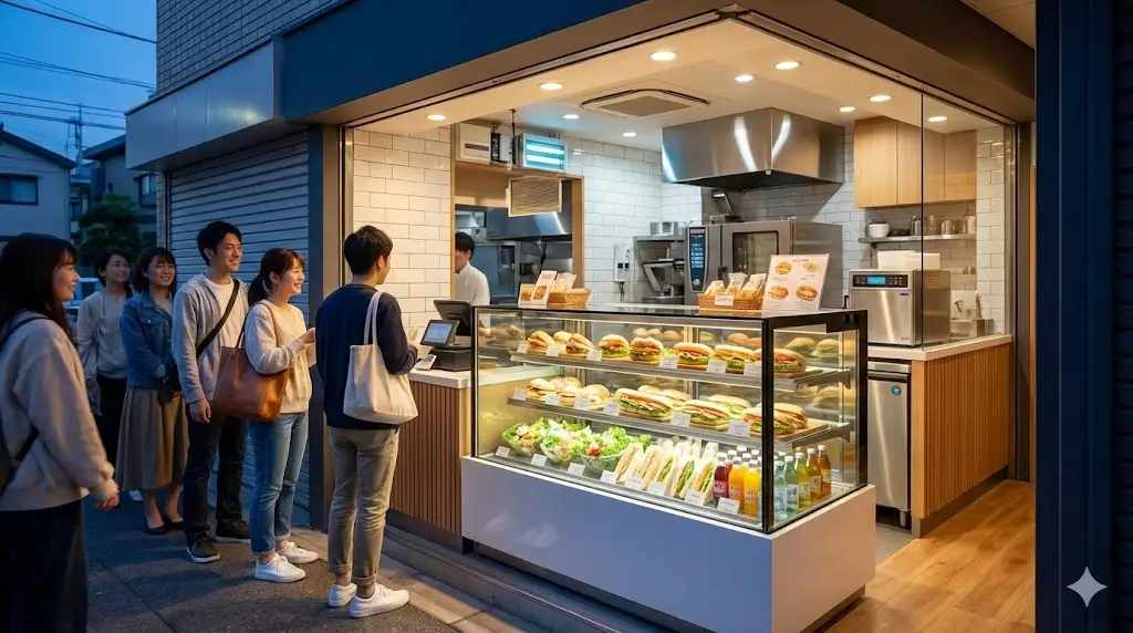 성공적인 테이크아웃 전문점 앞에서 손님들이 줄을 서서 기다리고 있고,