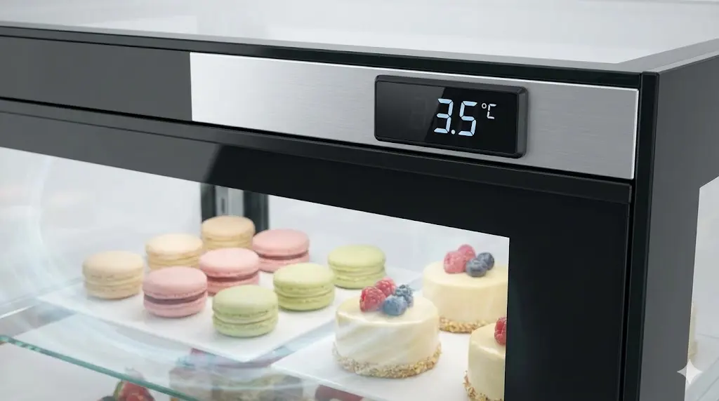 테이크아웃전문점 쇼케이스 상단의 디지털 온도 표시창에 '3.5°C'가 선명하게 표시되어 있다. 내부에는 온도에 민감한 마카롱과 미니 케이크가 신선하게 보관되어 있다.