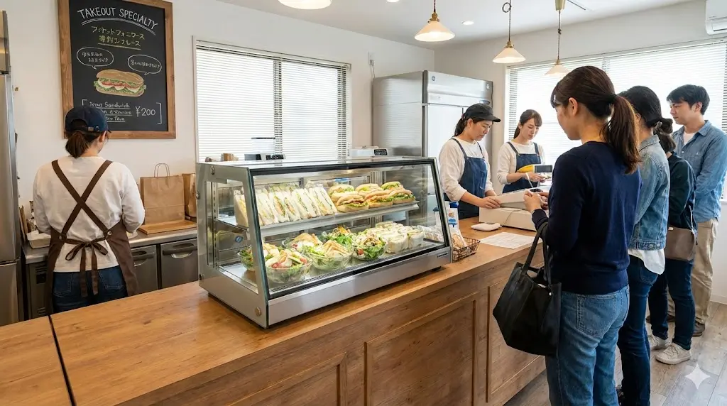 좁은 테이크아웃 전문점의 나무 카운터 위에 슬림형 쇼케이스가 설치되어 공간을 효율적으로 활용하고 있다.