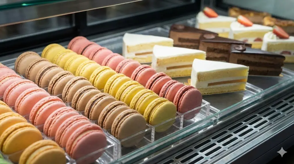 테이크아웃전문점 정밀한 온도 관리가 필요한 마카롱과 조각 케이크가 쇼케이스 내부에서 최적의 상태로 신선하게 보관되어 있다.