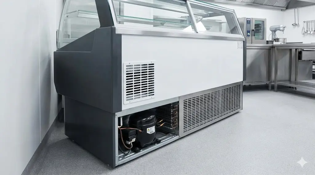 테이크아웃전문점  쇼케이스의 기계실 부분이 벽과 충분한 간격을 두고 설치되어 통풍이 원활하고, 먼지 없이 깨끗하게 관리된 모습이다.