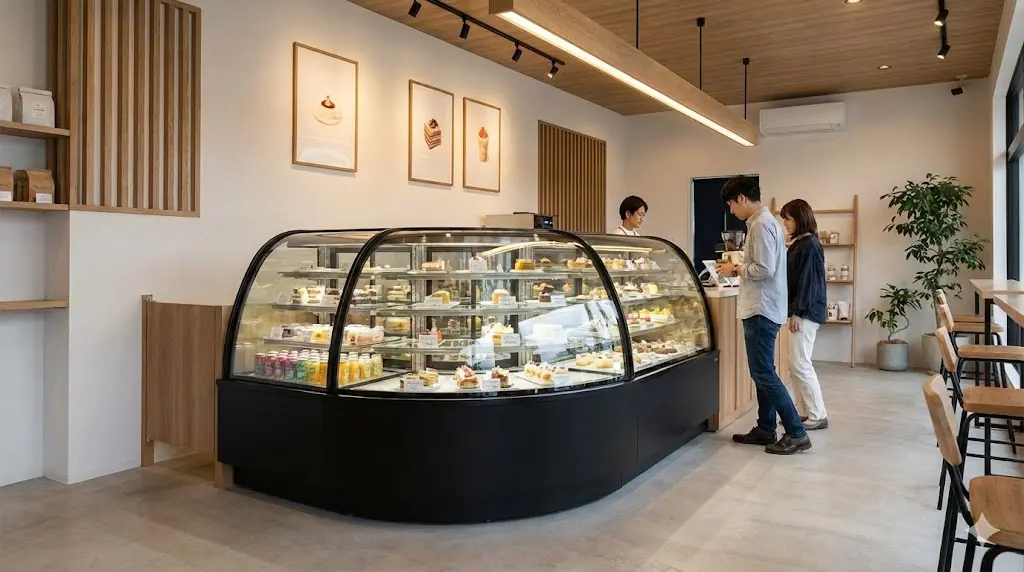 테이크아웃전문점 세련된 디자인의 대형 쇼케이스가 모던한 카페 인테리어와 완벽하게 조화를 이루며 고급스러운 분위기를 연출하고 있다.