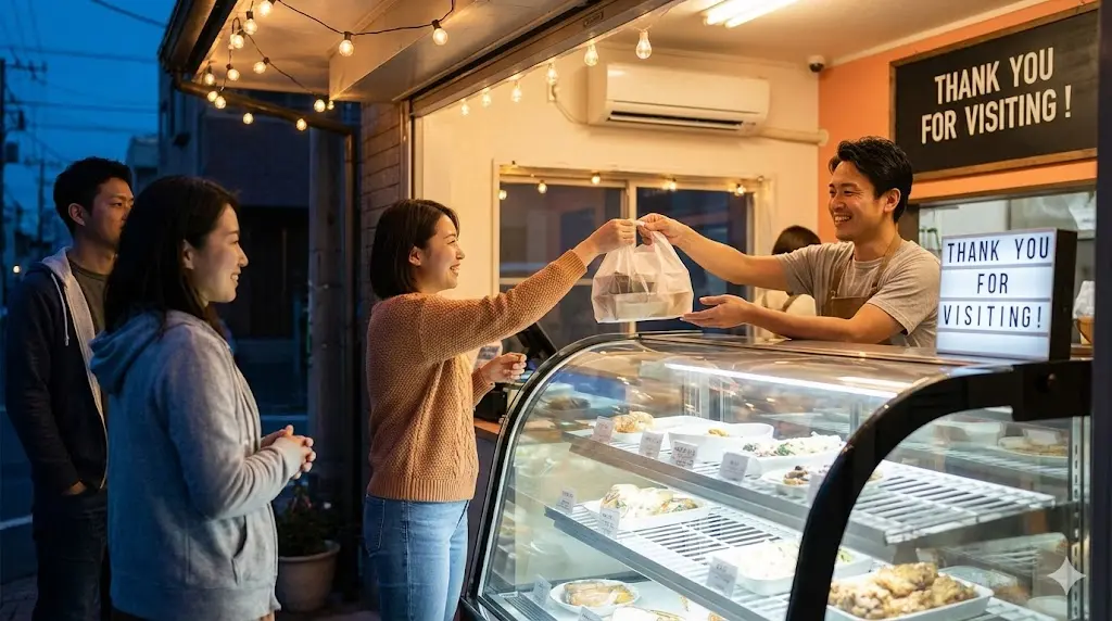 성공적인 테이크아웃 전문점의 활기찬 저녁 모습. 밝은 쇼케이스 너머로 사장님이 웃으며 손님에게 포장된 제품을 건네고 있다.