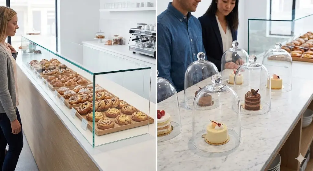 베이커리매대 위생적인 관리를 위한 덮개(커버)가 있는 베이커리 매대 모습.