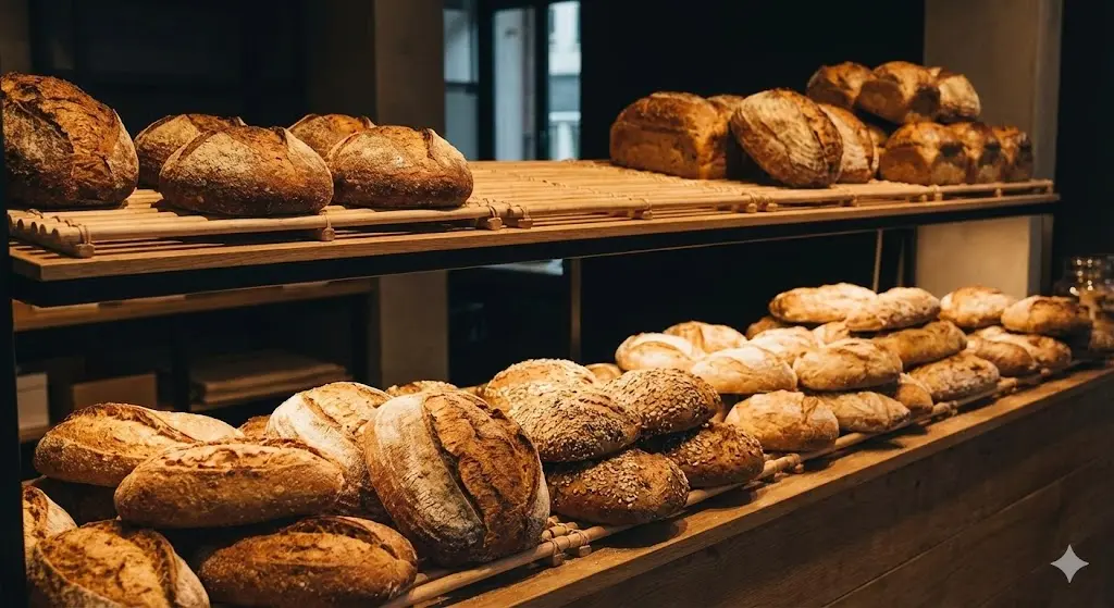 사장님의 정성이 담긴 다양한 빵들이 아름답게 진열된 베이커리 매대.