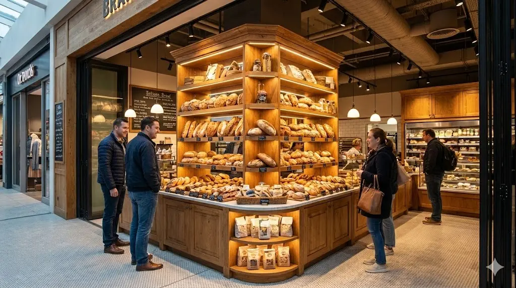 손님의 시선을 사로잡는 웅장한 목재 빵진열대가 설치된 활기찬 베이커리 매장 전경. 전략적인 공간 경영으로 고객의 발길을 멈추게 하는 모습을 보여줍니다