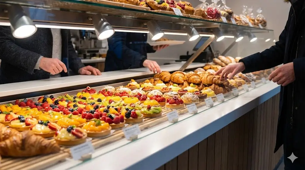 매장 입구에 배치된 화려한 디저트 쇼케이스에 고객들의 시선이 집중된 모습. 형형색색의 타르트와 페이스트리가 첫인상을 결정하는 시선 고정 포인트 역할을 합니다.