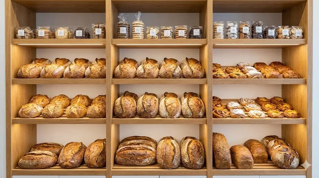 전략적인 층별 배치가 돋보이는 다단 빵진열대. 고객의 눈높이인 골든 존에 주력 상품이 진열되어 구매 전환율을 높이는 배치법을 보여줍니다.