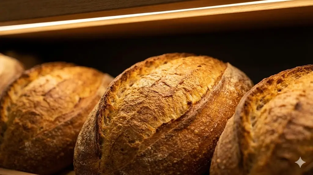 따뜻한 LED 조명 아래 먹음직스러운 황금빛 구움색을 자랑하는 빵. 조명이 고객의 구매 욕구를 자극하는 데 미치는 영향을 시각적으로 보여줍니다.
