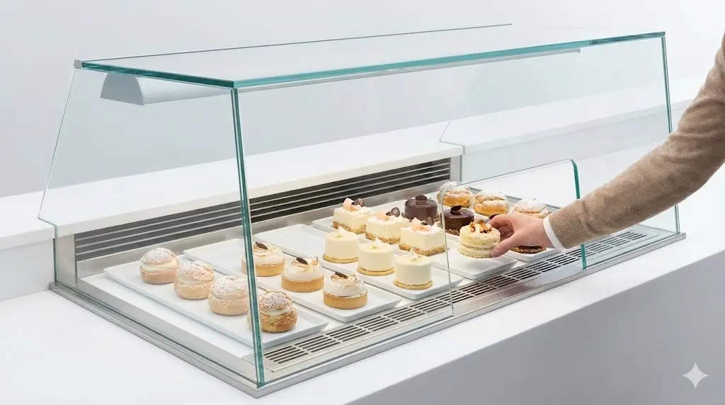 투명한 유리 커버가 있는 위생적인 디저트 진열대. 청결한 진열이 고객의 신뢰를 얻고 프리미엄 브랜딩에 기여하는 모습을 보여줍니다.