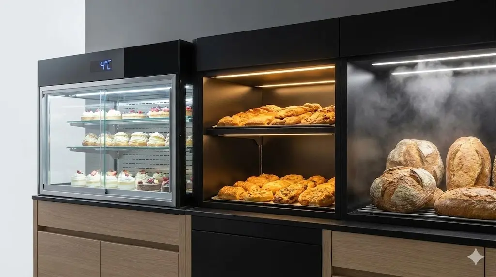 냉장, 온장, 습도 조절 기능이 있는 최첨단 베이커리 진열대. 빵의 최적 상태를 유지하는 기능성 매대의 필요성을 보여줍니다.
