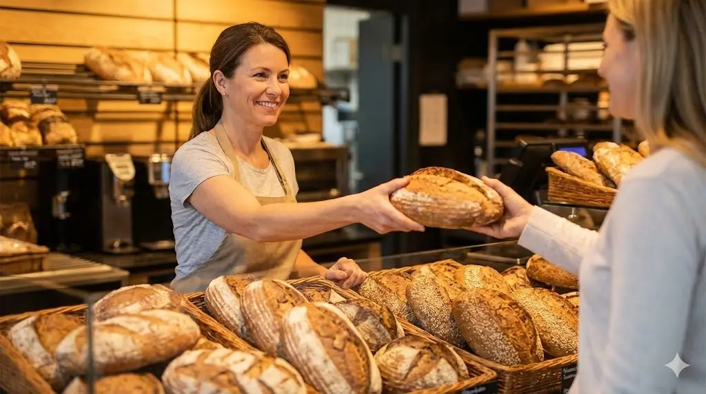 행복한 표정으로 고객에게 빵을 건네는 사장님. 정성스럽게 준비한 진열대가 완성한 아름다운 빵집의 일상을 보여줍니다
