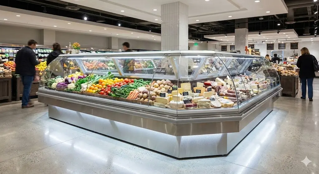 매장의 중심에서 신선함을 뽐내는 대형 식료품 진열매대