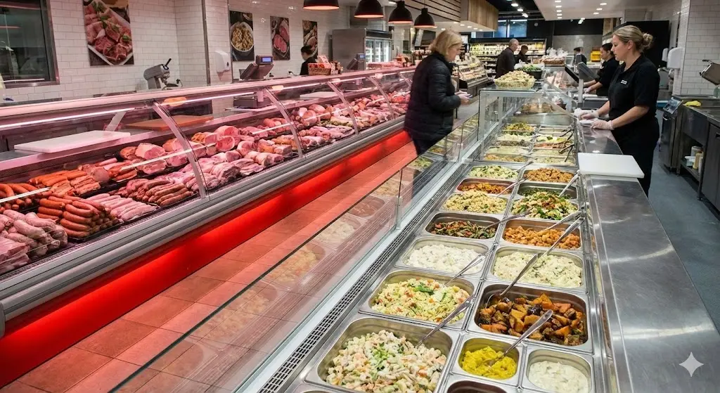 위생적이고 먹음직스러운 델리 진열매대