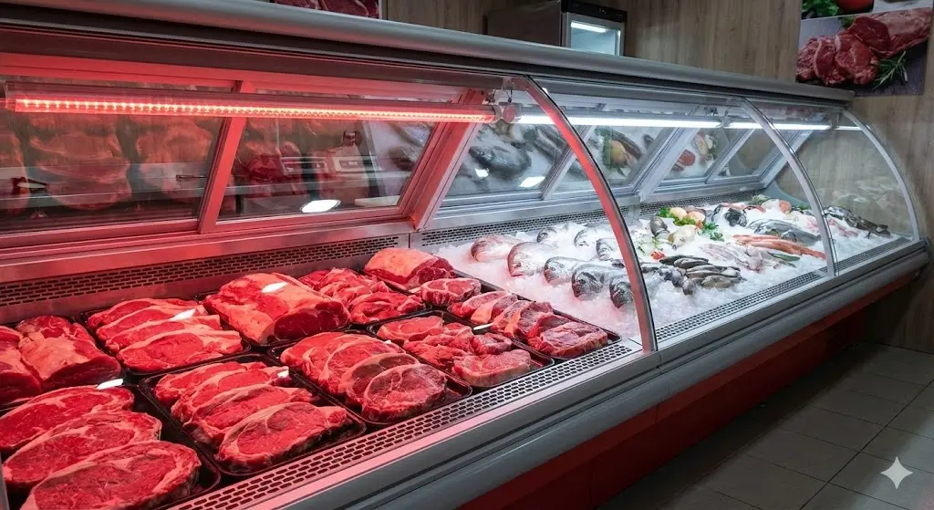 신선한 정육과 수산물을 더욱 먹음직스럽게 비추는 특수 조명 진열매대