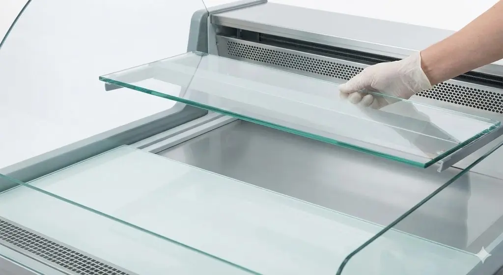 청소가 간편하도록 유리 선반이 쉽게 분리되는 위생적인 진열매대