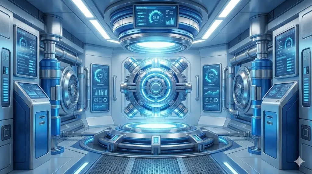 상업용 냉각 시스템의 핵심인 '기술적 심장'을 미래지향적이고 강력한 이미지