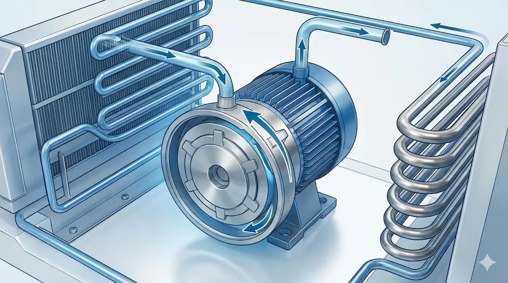냉매를 압축하고 순환시키는 냉각 시스템의 핵심 부품 콤프레샤 작동 원리 도식