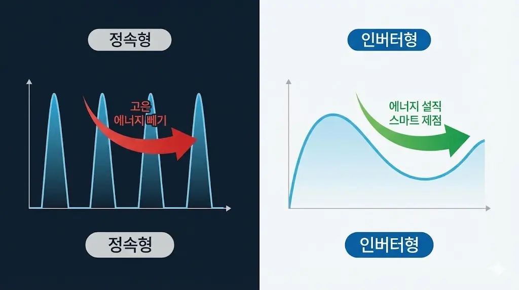 정속형과 인버터콤프레샤의 에너지 소비 패턴 비교 그래프