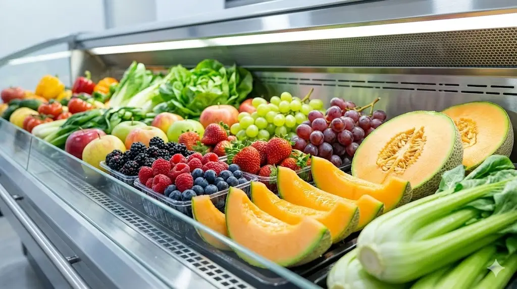 정밀한 온도 제어로 신선도가 유지되는 냉장 쇼케이스 속 과일과 채소