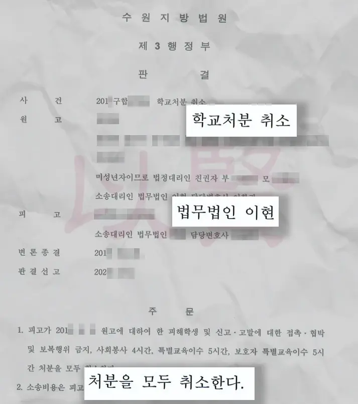 억울한 따돌림 혐의로 학교폭력 처분에 대한 취소 판결