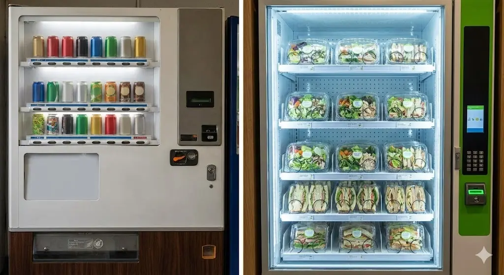 다양한 신선식품과 샐러드가 진열된 쇼케이스형 냉장자판기 내부