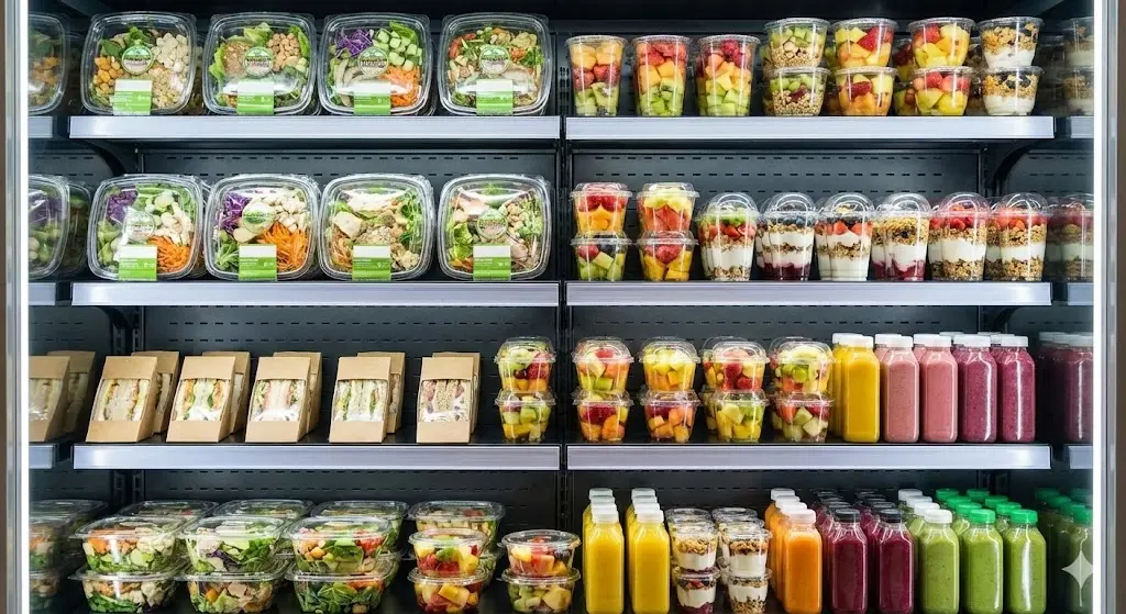 샐러드, 샌드위치, 요거트 등 다양한 신선 식품이 가득 찬 냉장자판기의 내부를 보여주는 이미지입니다
