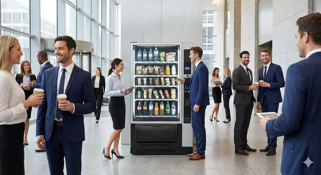 고급 오피스 로비에 설치된 냉장자판기를 이용하는 직장인들의 모습을 통해 성공적인 무인 비즈니스의 비전을 제시합니다.