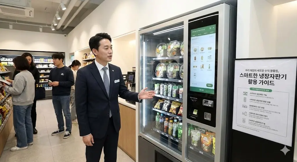 양복을 입은 남성이 매장 내 설치된 스마트 냉장자판기와 '우리 매장의 새로운 수익 창출원, 스마트한 냉장자판기 활용 가이드' 안내판을 가리키며 설명하고 있다.