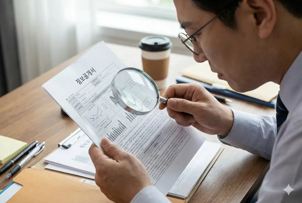 돋보기로 프랜차이즈 정보공개서의 세부 데이터를 분석하는 모습