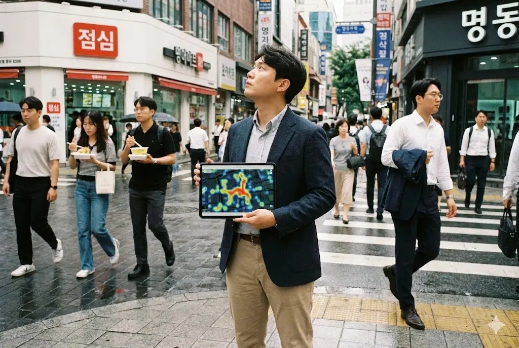 태블릿 지도를 들고 도심 상권의 유동 인구를 직접 분석하는 예비 창업자