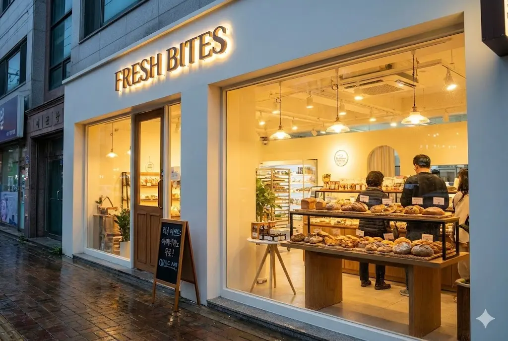 저녁 시간대 깨끗하게 관리된 프랜차이즈 매장 외부와 리뷰 이벤트 안내문