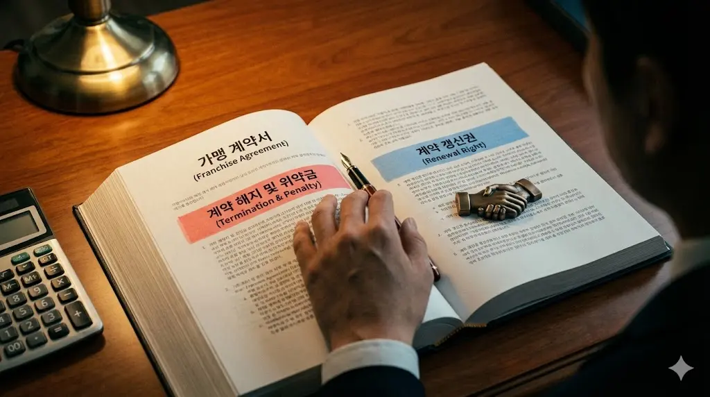 가맹 계약서 위에서 해지 위약금과 갱신권 조항을 두고 고민하는 창업자의 손과 계산기 이미지