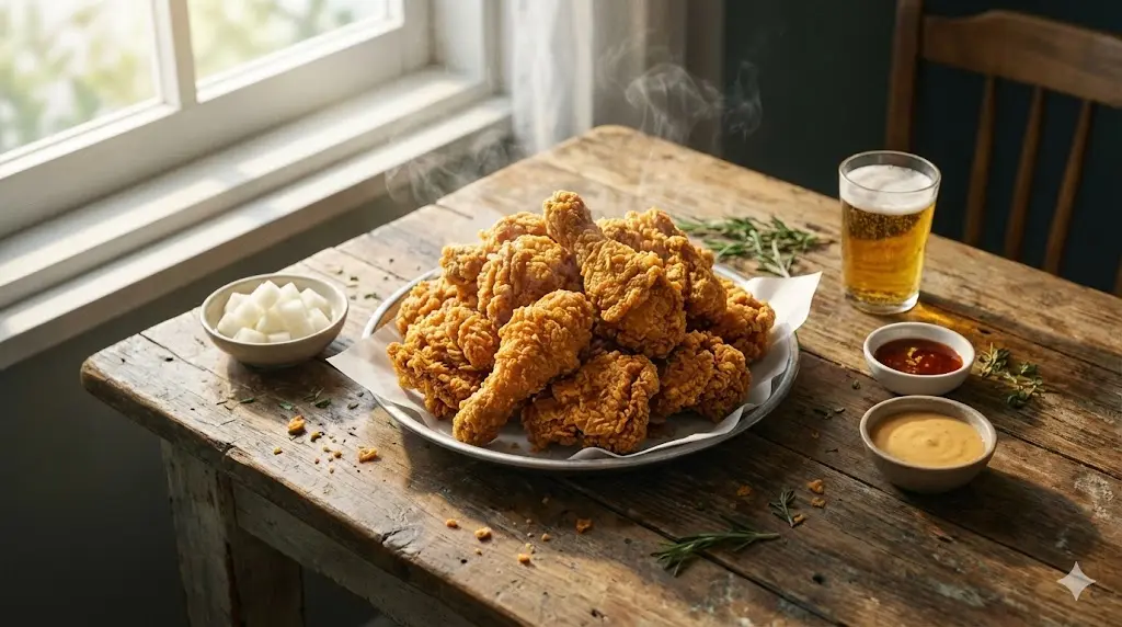 갓 튀겨낸 바삭한 황금빛 치킨과 신선한 맥주가 놓인 테이블 이미지