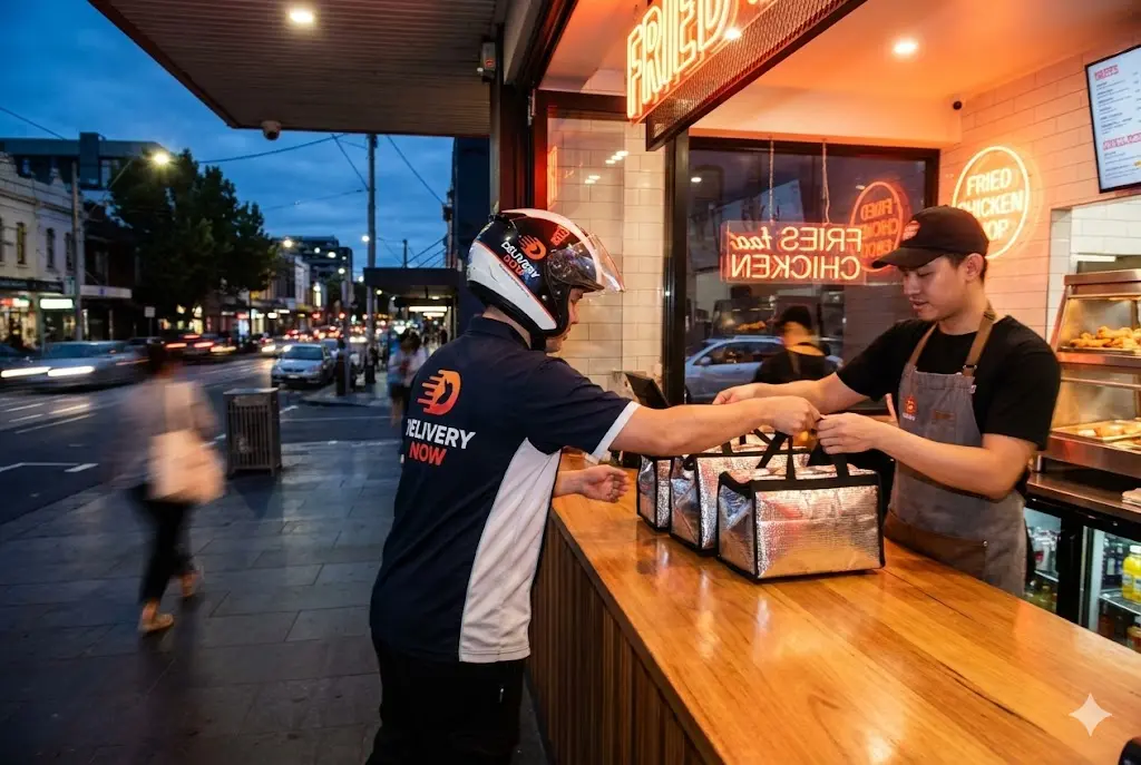 배달 주문을 신속하게 처리하는 치킨 매장 풍경