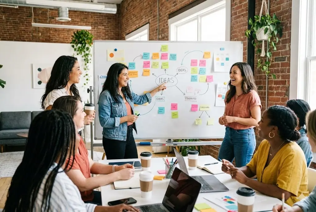 여성 기업가 네트워킹 모임에서 서로 정보를 공유하고 협력하는 활기찬 모습
