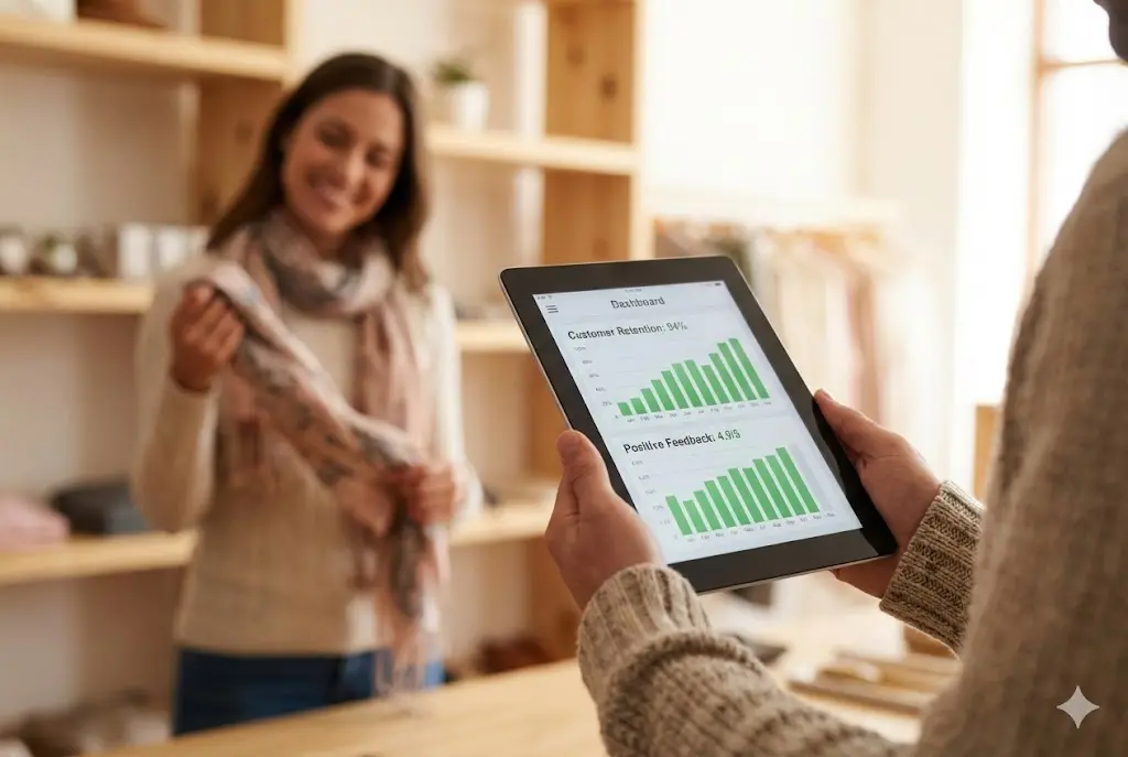 '사후 관리'의 핵심인 고객 데이터 분석과 만족하는 고객의 모습을 중첩시켜 신뢰와 지속 가능성을 표현합니다.