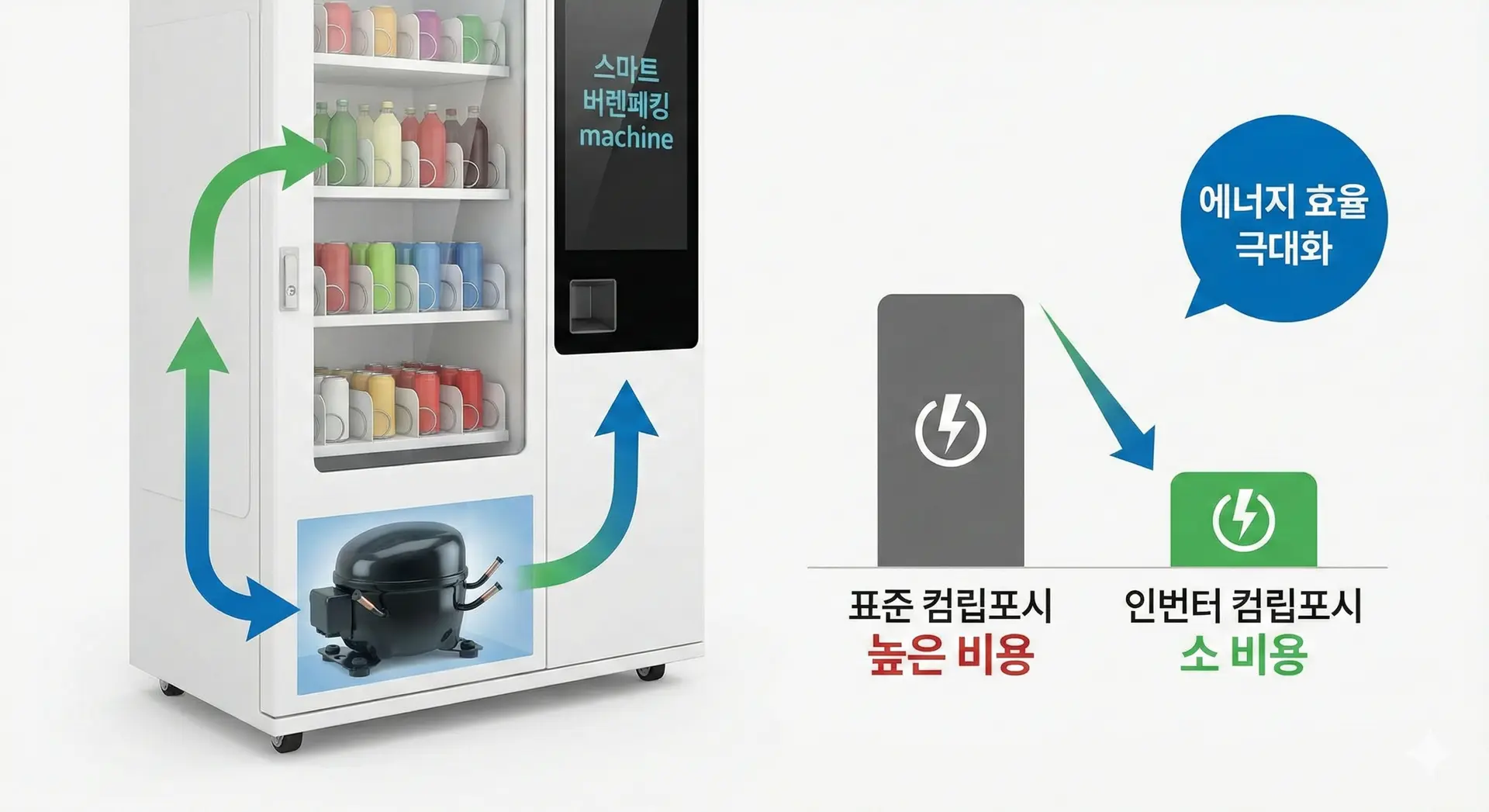 인버터 컴프레서 기술을 통한 에너지 효율 극대화를 시각적으로 설명하는 스마트자판기입니다.