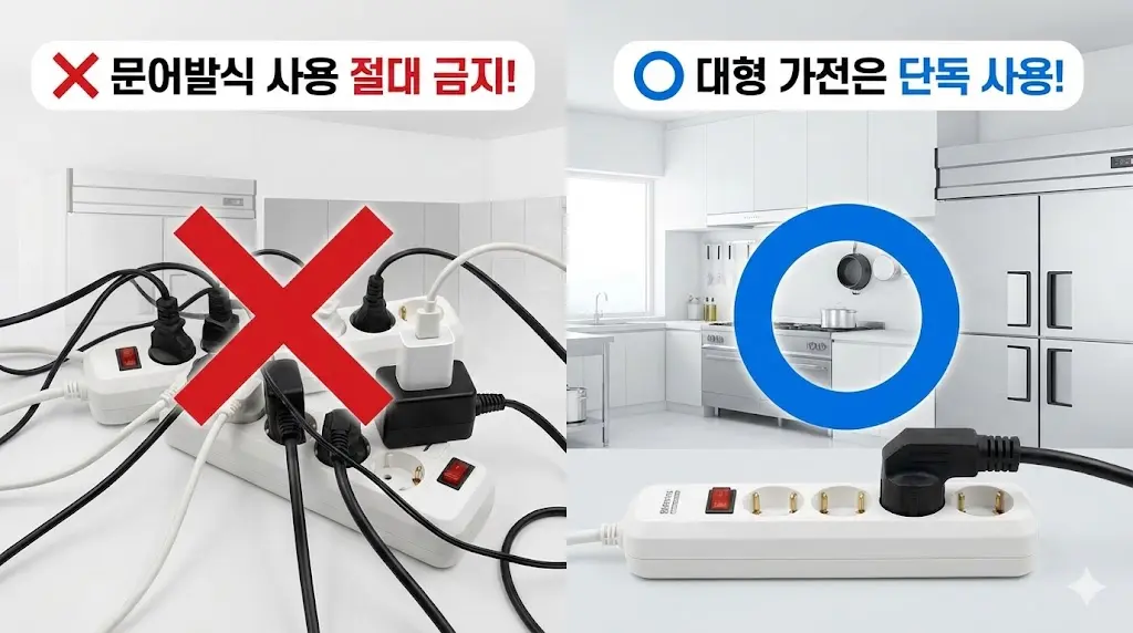 위험한 문어발식 사용(X)과 안전한 단독 사용(O)을 OX 퀴즈 형식으로 비교하여 올바른 사용법을 강조했습니다.