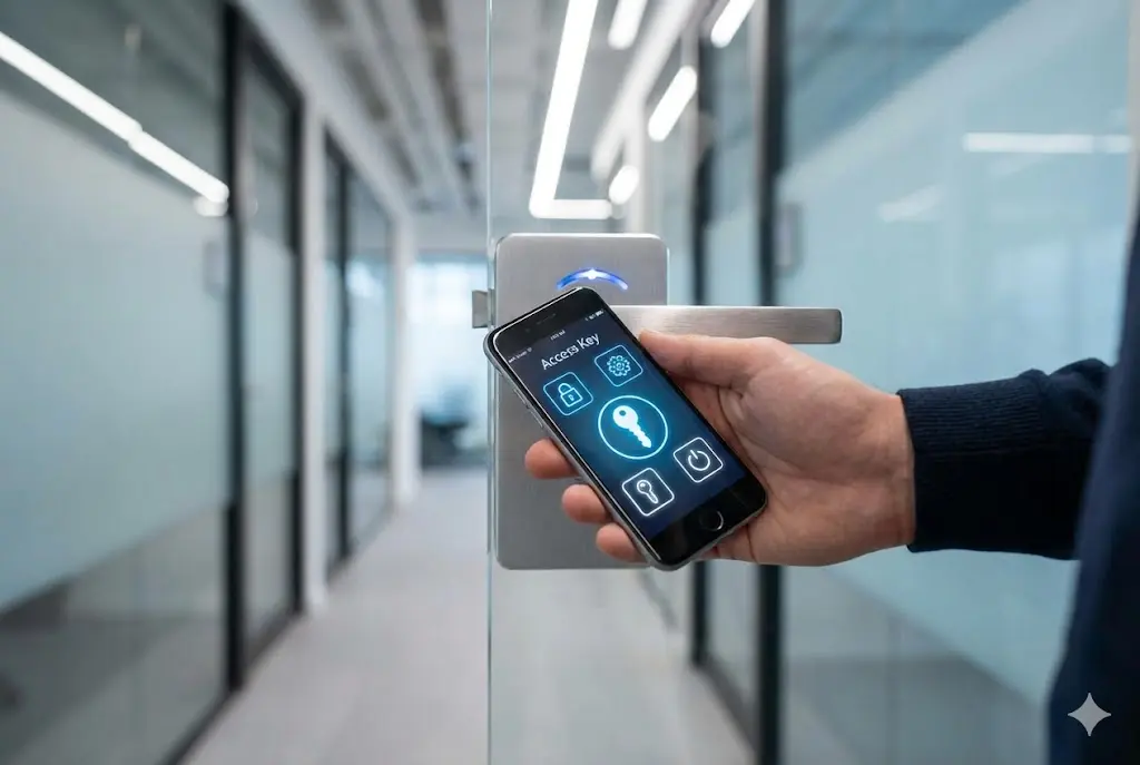 스마트폰 앱을 통해 공유오피스 출입문을 열고 있는 무인 자동화 시스템 운영 모습